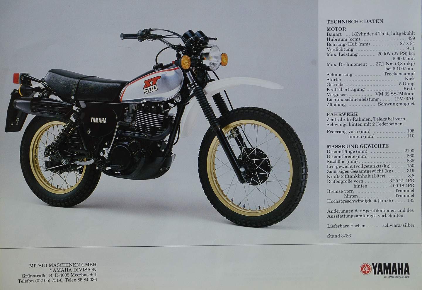 Yamaha XT 500 Prospekt von 1986