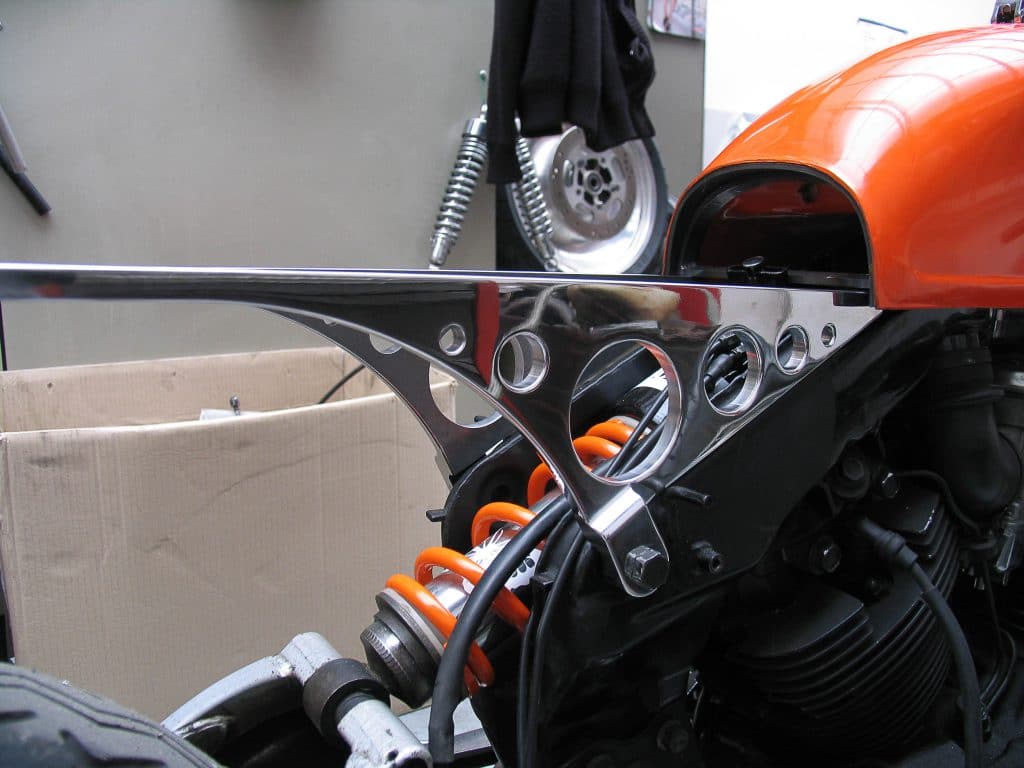 Die Heckpartie der Yamaha XV 750 Orange Projekt ist ein Eigenbau 
